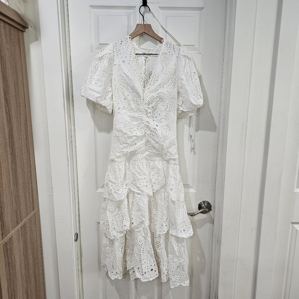 Farm Rio White Eyelet Puff Sleeve Midi Dress - Picture 3 of 7